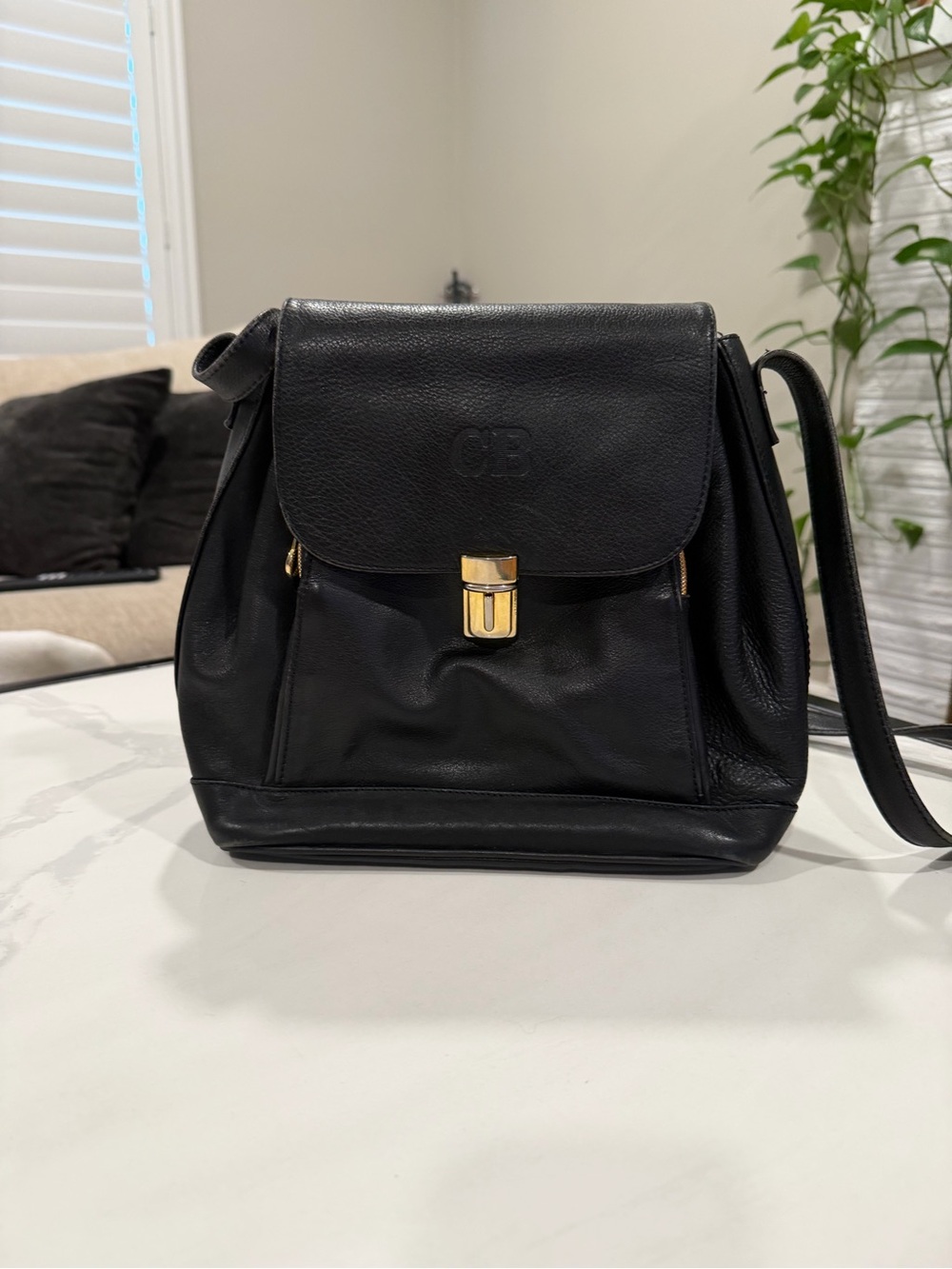 Vintage Black Genuine Leather Crossbody with Gold Push-Lock